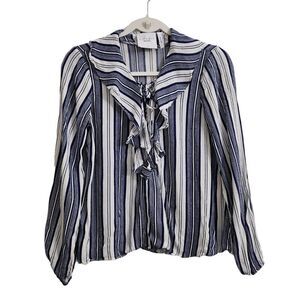 L’Academie‎ Revolve Blouse Small Blue & White Striped Top Ruffled Tie Neck